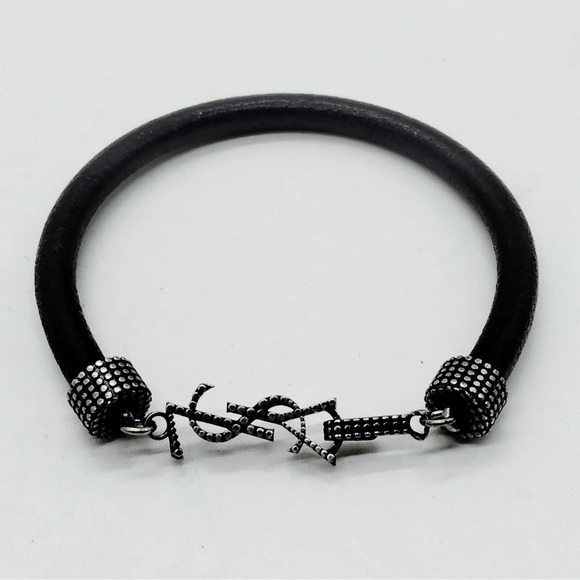Giftable🎁 YSL Black Leather Bracelet with Gunmetal Logo Hardware -Full Inclusion - Picture 1 of 9